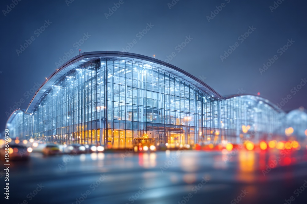 Fototapeta premium Modern transportation hub displays illuminated curved glass architecture against a dark twilight sky
