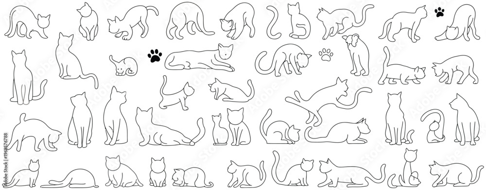 Obraz premium Minimalist Cat Outline Vector Set in Various Poses, Elegant Black Line Art on White Background for Pet Lovers, Animal Illustrations, Branding, Logos, and Design Projects