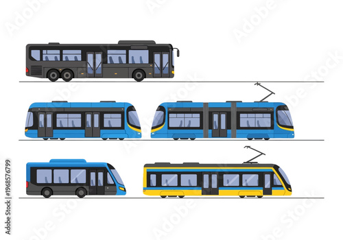 Public Transport Vector Set with Bus and Tram Illustrations. Flat Design Icons for Urban Transit, City Infrastructure, and Commuting.