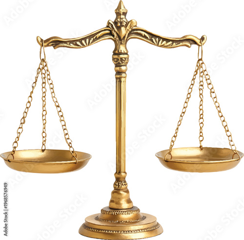 a golden balance scale on a white background, symbolizing justice and tranquility in the legal domain