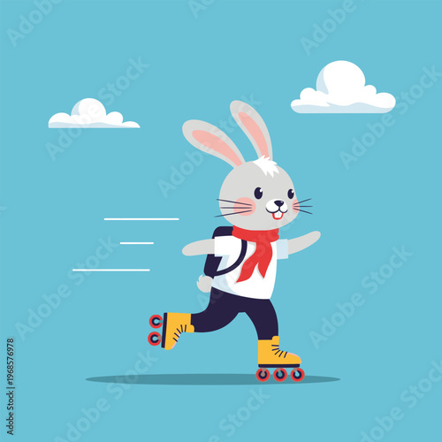 Cute cartoon bunny rabbit wearing a backpack and rollerblades.