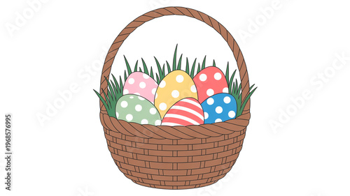 Colorful easter eggs nestled in a woven grass basket for spring celebration isolated on white background