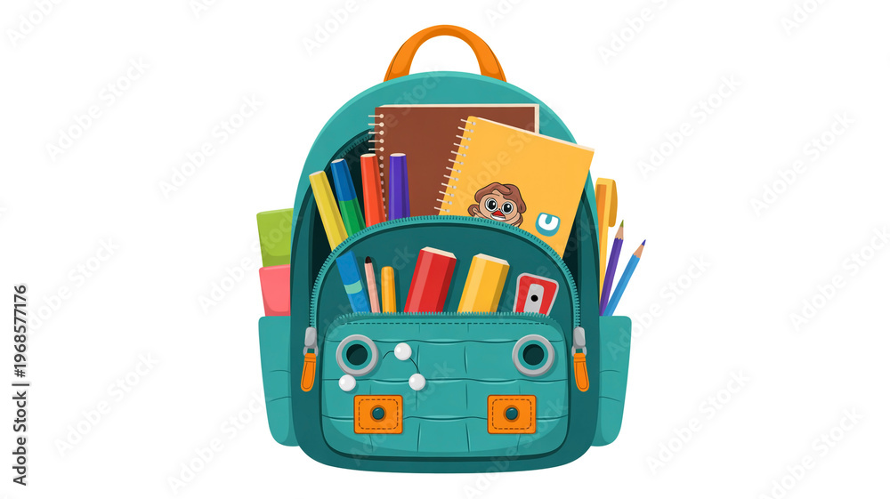 Naklejka premium Colorful school backpack filled with assorted learning supplies and books isolated on white background