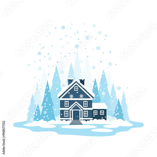 Cozy home nestled among snow-covered fir trees during a gentle snowfall