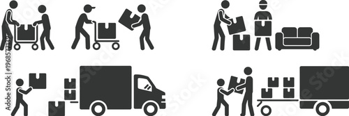 Moving and delivery service icons, workers loading boxes, truck silhouette, furniture transport, logistics vector illustration, packing shipping design collection