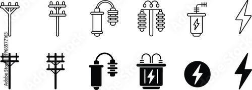 Electrical power icons, utility poles transformers insulators lightning bolts, outline and filled vector illustration, energy infrastructure design, engineering silhouette collection