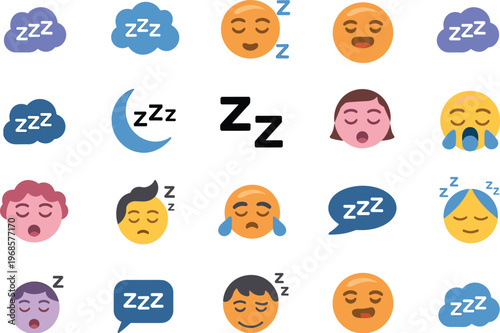 Sleep emoji vector illustration with yawning faces, closed eyes, zzz symbols, tired expressions, moon icons, digital communication, rest, relaxation, bedtime design