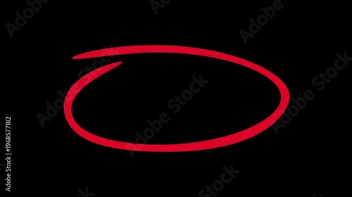 Animated hand-drawn red circle marker on black background, looping motion graphic of highlight oval stroke for emphasis 4K resolution video