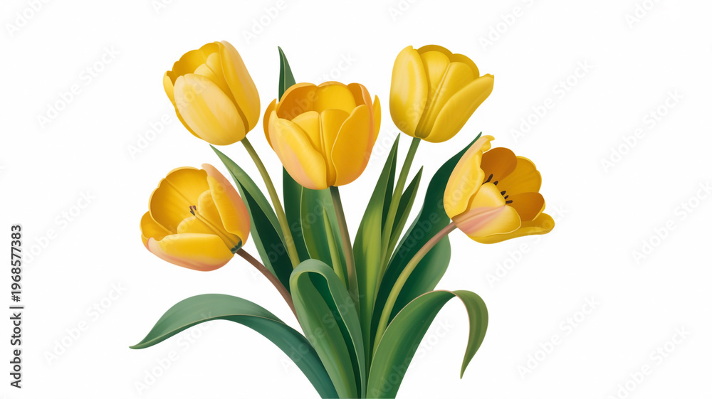 Fototapeta premium A vibrant bouquet of bright yellow tulips with green stems and leaves isolated on white background