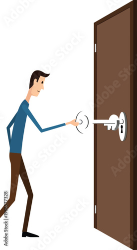 Man inserting a key into a locked door represents gaining access or solving.