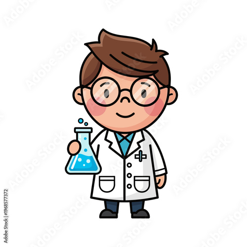 Cute Cartoon Boy Scientist Holding Flask with Blue Liquid