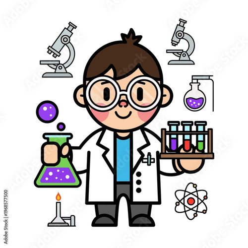 Cute Cartoon Scientist Kid Holding Beaker and Test Tubes with Lab Equipment