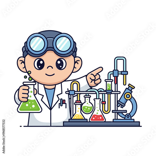 Cute Cartoon Scientist Kid Doing Chemistry Experiment with Beakers and Microscope