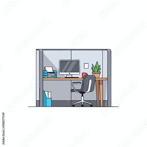 Office cubicle with computer, chair, plant, and paperwork