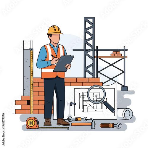 Builder overseeing construction with blueprints and tools, measuring, and inspecting progress