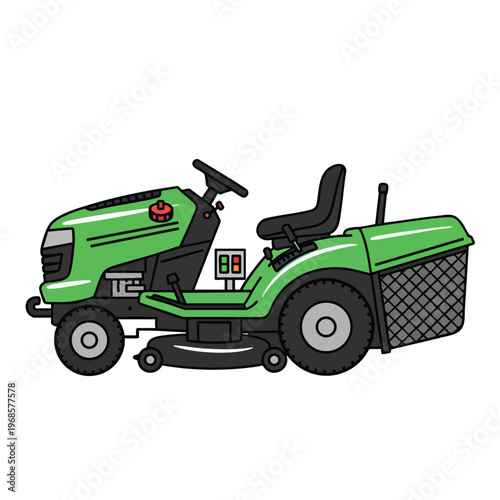 Green riding lawn mower with a grass catcher and steering wheel