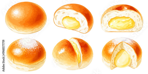 クリームパンの水彩風イラストセット,菓子パン,断面,カスタードクリーム,ベーカリー素材集