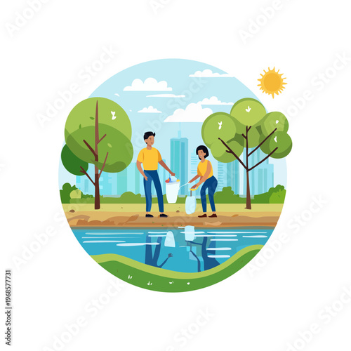 Volunteers cleaning up a polluted riverbank to protect the environment and promote sustainability