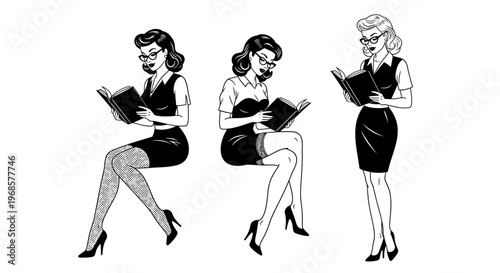 Set of Retro Vintage Pin-up Librarian Illustrations: Three Black and White Comic Style Women Reading Books in Various Poses