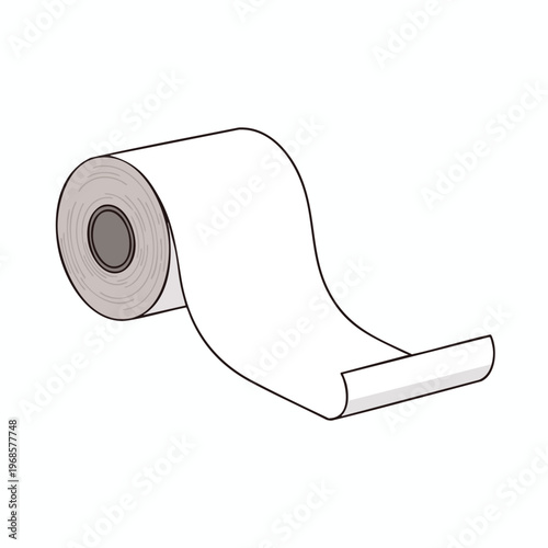 Roll of white paper with grey cardboard core, unrolling a thin sheet