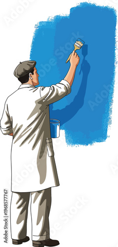 Tradesman paints wall with blue color, showcasing professional interior.