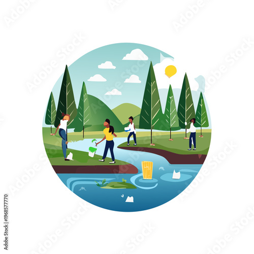 Community members collaborate to clean a river and its surrounding natural environment, diligently removing waste and promoting ecological health for a sustainable future