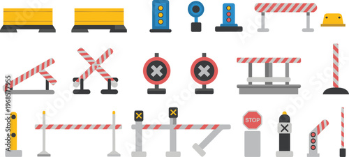 Road and railway barrier icons, striped barricades traffic lights stop signs crossing gates, vector illustration, transport safety design, warning symbol collection