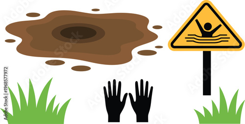 Quicksand danger vector illustration, warning sign with sinking hands, outdoor hazard symbol, caution design, safety silhouette graphic, nature risk collection