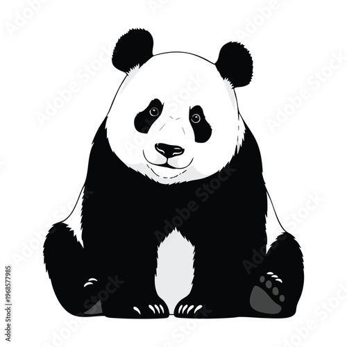 A cute, black and white cartoon panda sits facing forward on a white background