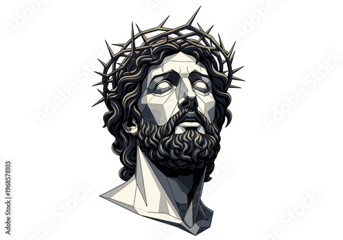 Jesus Christ Wearing Crown of Thorns Vector Illustration - Modern Geometric Portrait of the Passion of Christ on White Background