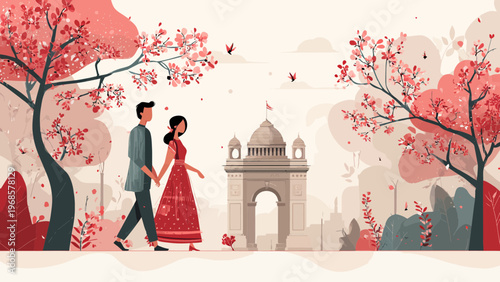 Couple Walking Hand in Hand near India Gate in Delhi Illustration