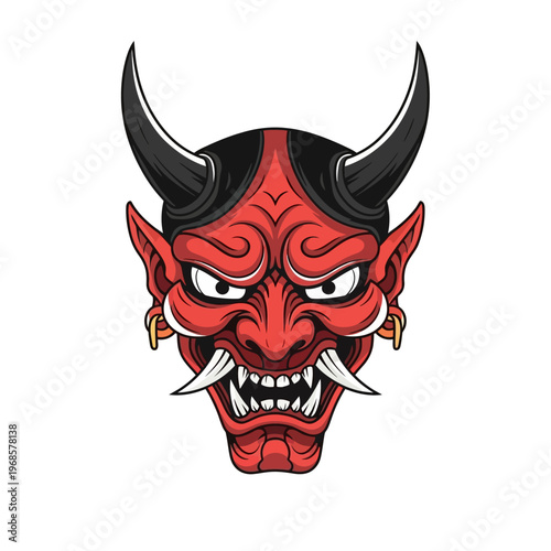 Fierce Red Oni Mask with Black Horns, Japanese Demon Face, Evil Spirit