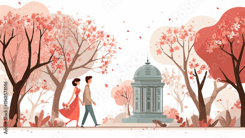 Romantic Couple Walking in Cherry Blossom Garden Illustration