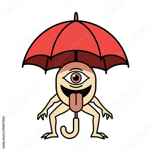 Funny one-eyed monster with tongue out under red umbrella, cartoon style