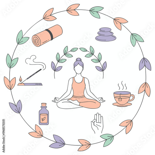 Harmony of wellness practices surrounding a meditating individual