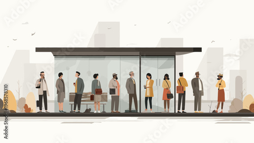 Flat vector illustration of diverse people waiting at a bus stop