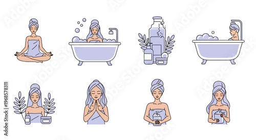 Spa and Wellness Vector Icon Set: Woman Meditating, Taking Bubble Bath, and Skincare Routine Illustrations for Self Care