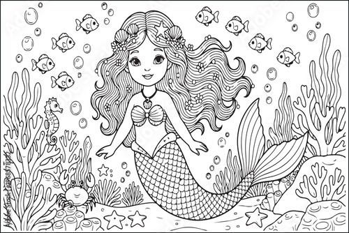 A detailed illustration of a mermaid surrounded by sea life and bubbles