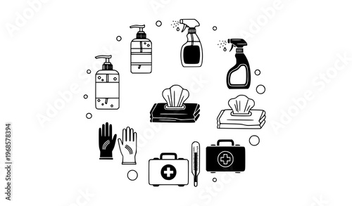 Hand hygiene and PPE icons collection sanitizer medical vector set