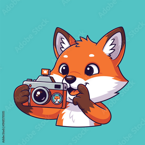 Cute cartoon fox holding a vintage camera ready to take a photo.
