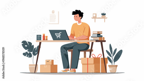 Man sitting at desk using laptop for online shopping and e-commerce
