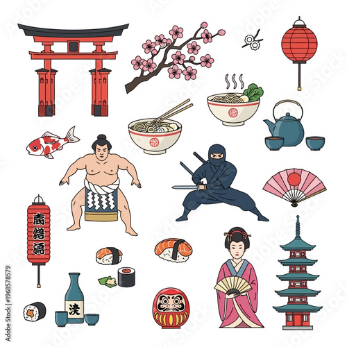 Japan Culture Icons: Torii Gate, Ninja, Geisha, Sumo, Sushi, Sakura, Lantern, Tea