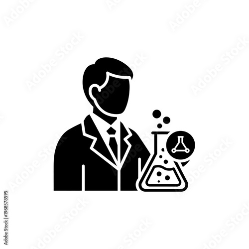 Scientist Icon with Flask and Molecule Symbol, Laboratory Research Concept
