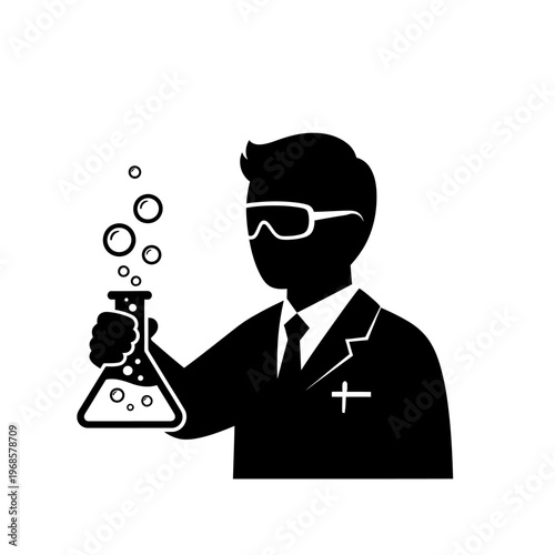 Scientist Silhouette Holding Flask with Bubbles, Chemistry Research Icon