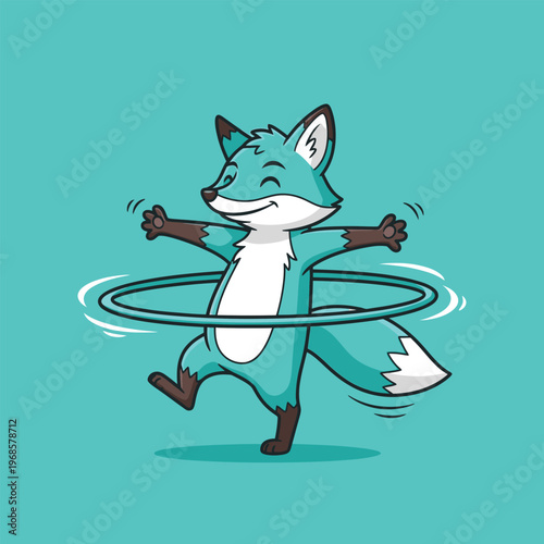 Cute cartoon fox playing with a hula hoop.