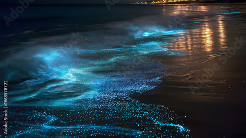 This extraordinary natural phenomenon captures the magical bioluminescence of plankton-lit waves creating their own light show on a dark beach