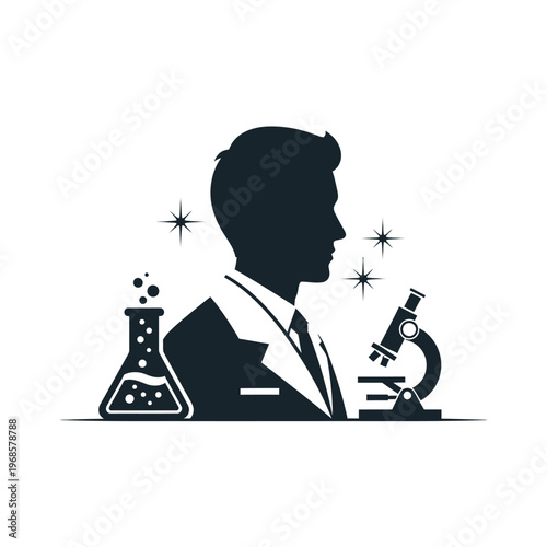 Scientist Silhouette with Microscope and Flask, Science and Research Concept