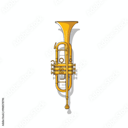 Gleaming golden trumpet with three valves on a white background