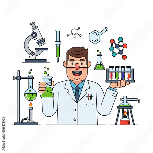 Scientist with Chemistry Equipment, Flasks, Microscope, and Molecules