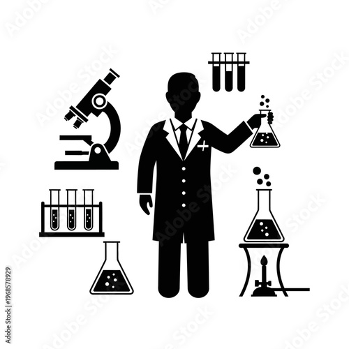 Scientist with Lab Equipment, Microscope, Test Tubes, Flasks and Burner - Silhouette